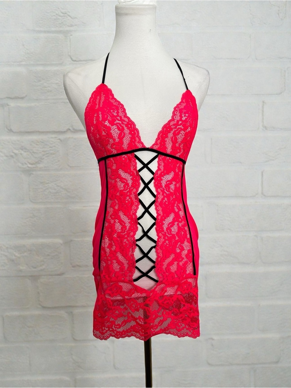 Neon Pink Lace Babydoll Chemise Lingerie Nightie Criss Cross Open Front S